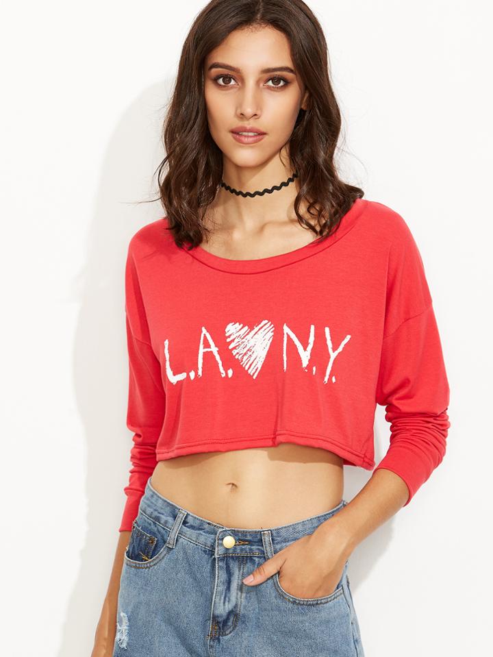 Romwe Pink Letter Print Drop Shoulder Crop Sweatshirt