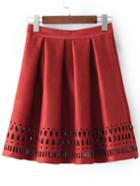 Romwe Hollow Out Suede Pleated Red Skirt