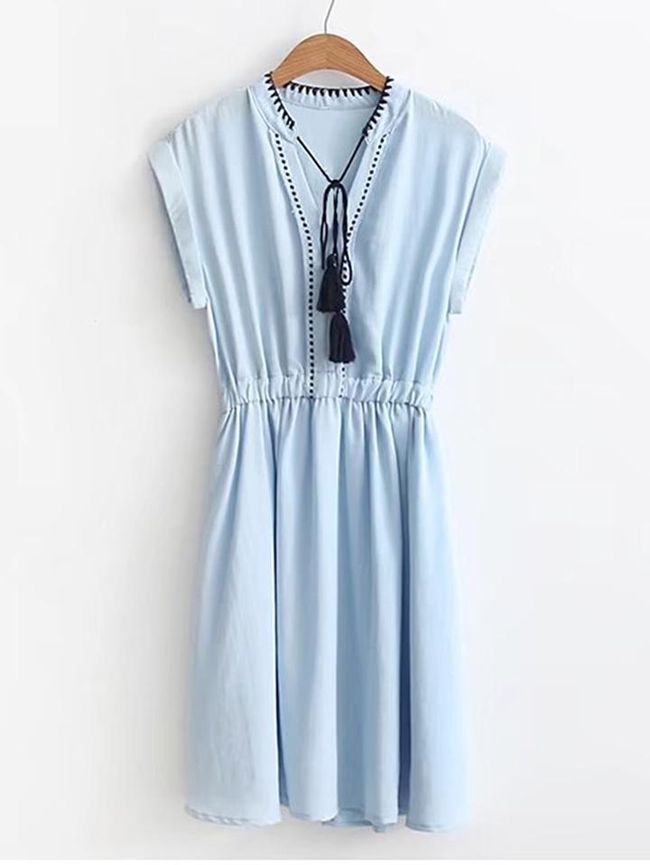 Romwe Rolled Cuff Tassel Tie Embroidery Dress