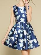 Romwe Blue Flower Print Flare Dress