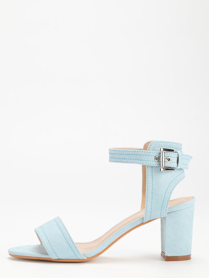Romwe Pale Blue Faux Suede Block Heel Ankle Strap Sandals