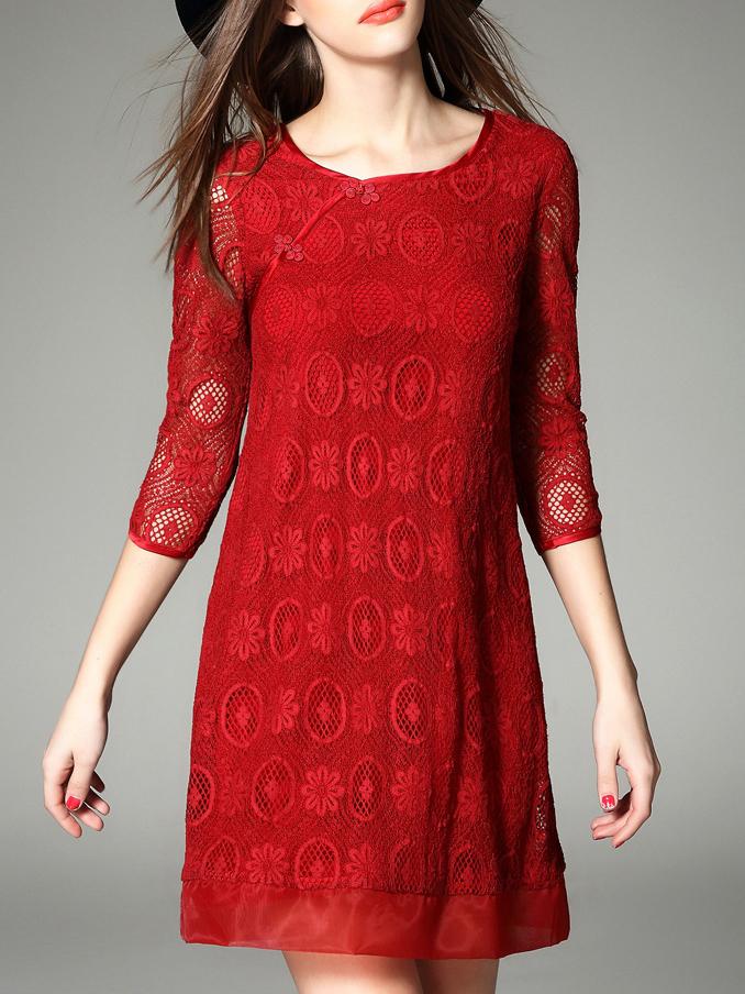 Romwe Red Crew Neck Shift Lace Dress