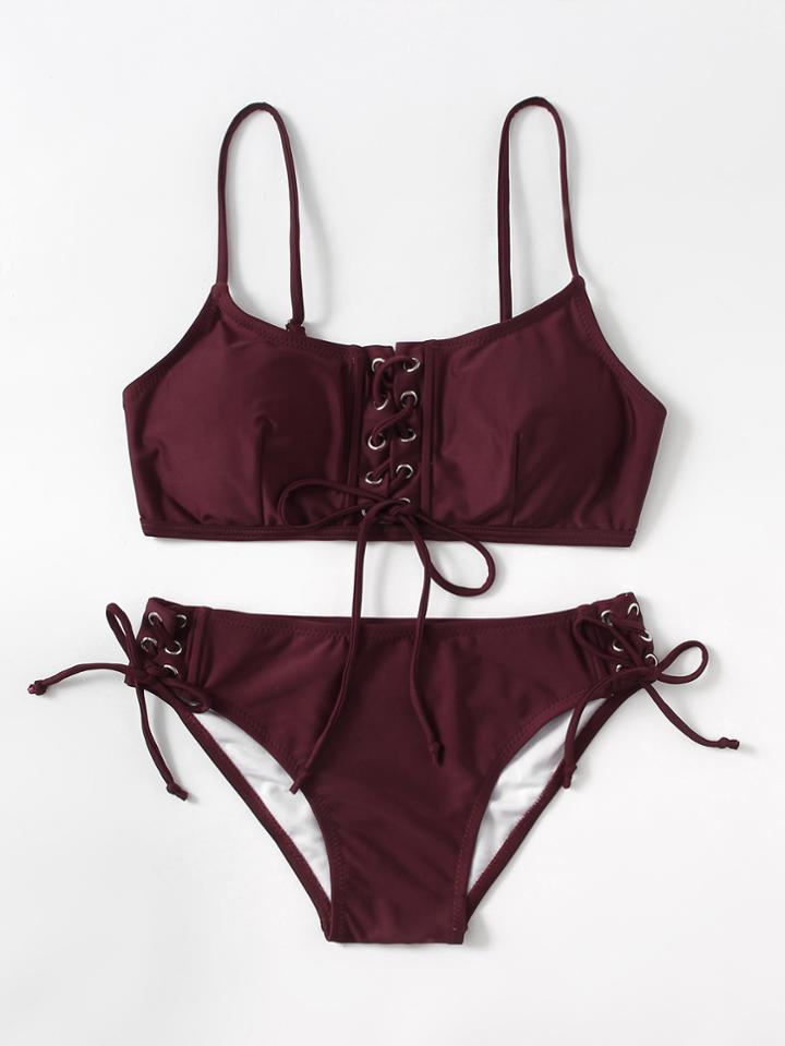 Romwe Lace Up Design Adjustable Strap Bikini Set