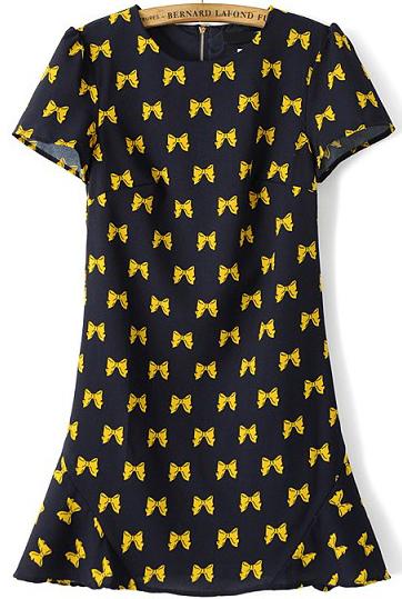 Romwe Bow Print Zipper Ruffle Dress
