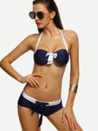Romwe Navy Contrast Trim Halter Neck Bikini Set