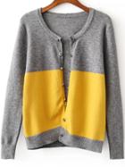 Romwe Grey Color Block Button Embellished Cardigan