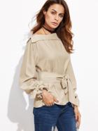 Romwe Foldover Neck Belted Bow Tie Sleeve Blouse
