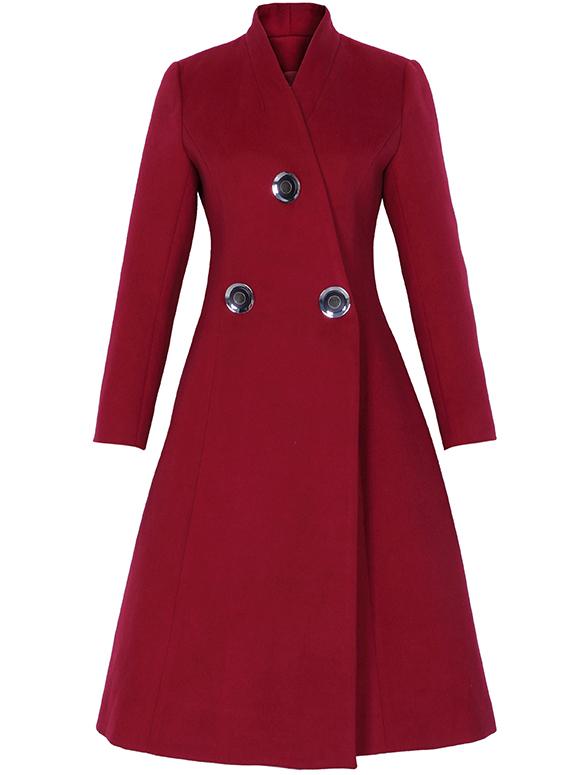 Romwe Win Red V Neck Long Sleeve Pockets Coat