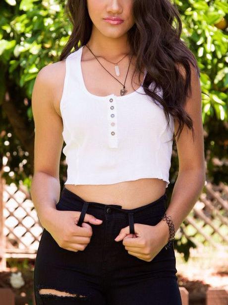 Romwe Buttoned Front Racerback Crop Tank Top - White