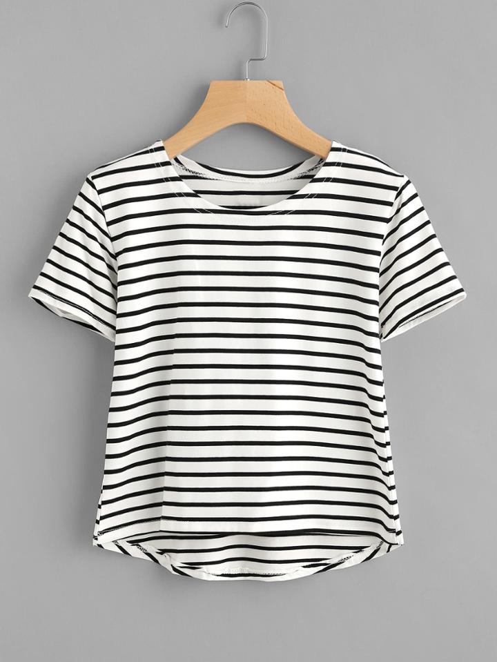 Romwe Striped Dip Hem Tee