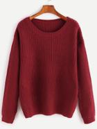 Romwe Burgundy Ribbed Knit Drop Shoulder Sweater