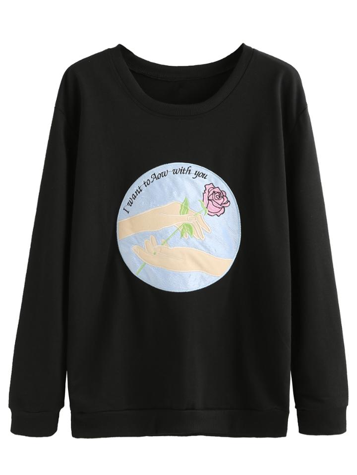 Romwe Black Embroidered Casual Sweatshirt