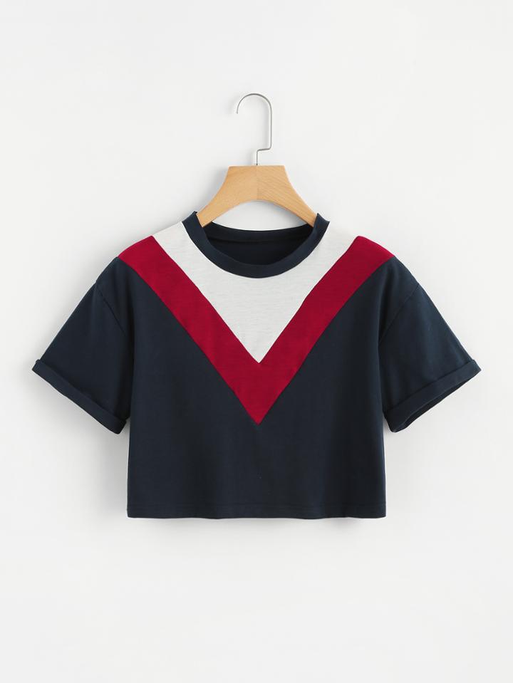 Romwe Chevron Panel Crop Tee