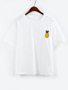 Romwe Pineapple Embroidered Drop Shoulder White T-shirt