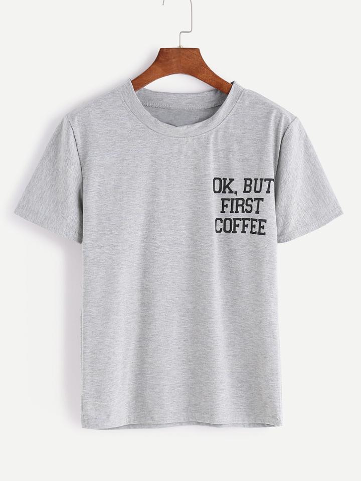 Romwe Heather Grey Letter Print T-shirt