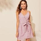 Romwe Striped Button Through Belted Wrap Cami Dress