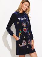 Romwe Navy Hooded Cartoon Embroidered Velvet Dress