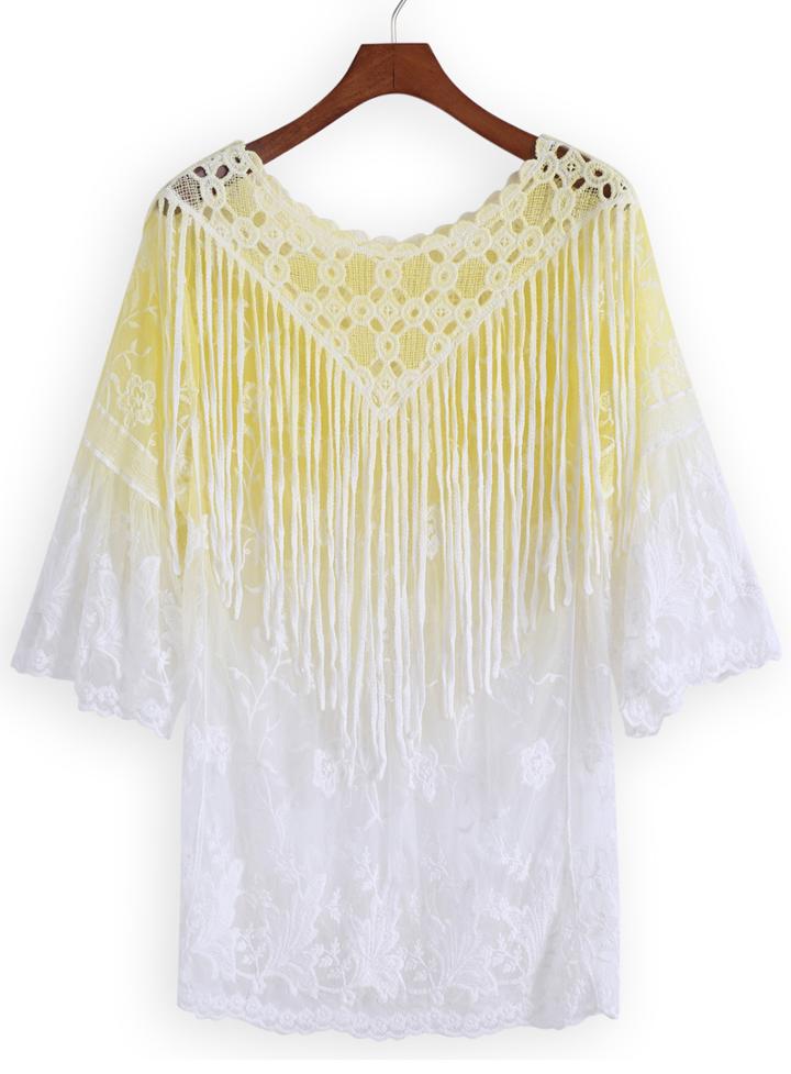 Romwe With Tassel Lace Embroidered Ombre Yellow Top