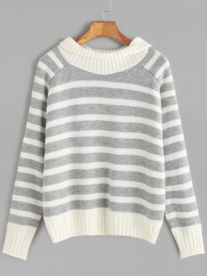 Romwe Grey Contrast Striped Raglan Sleeve Sweater