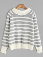 Romwe Grey Contrast Striped Raglan Sleeve Sweater
