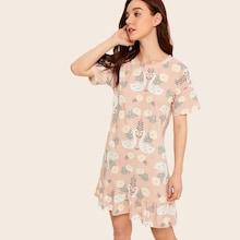 Romwe Floral & Swan Print Ruffle Night Dress