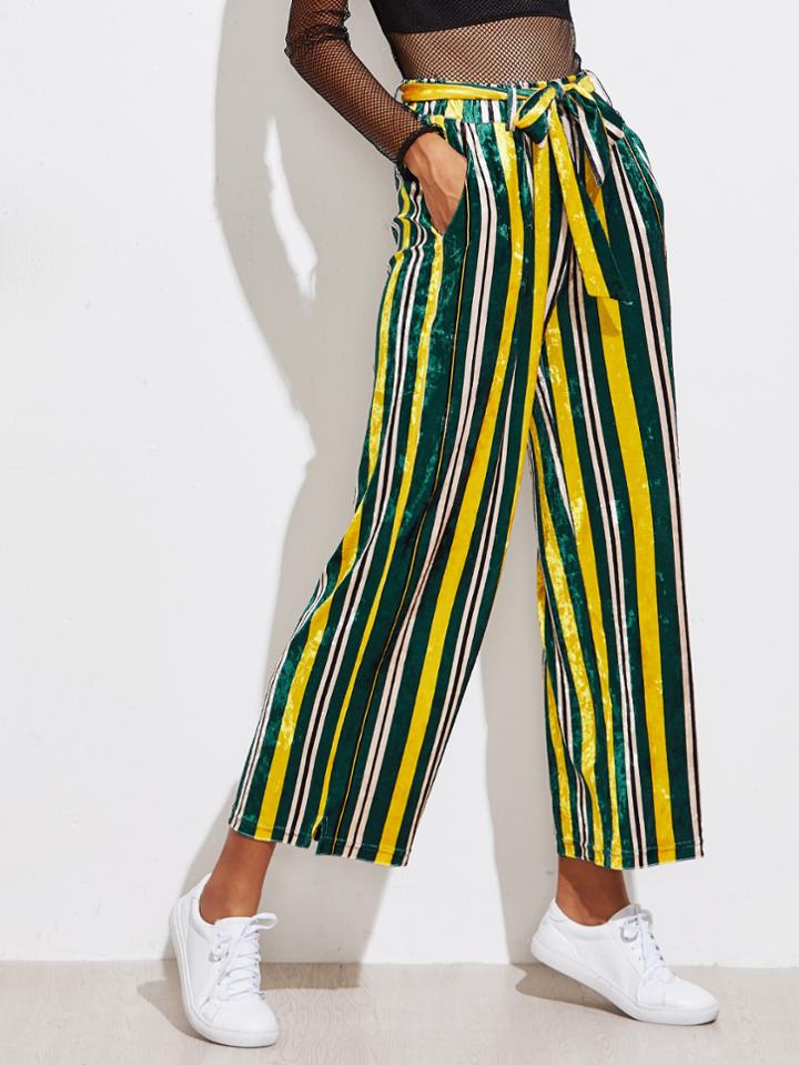 Romwe Self Tie Waist Striped Velvet Pants