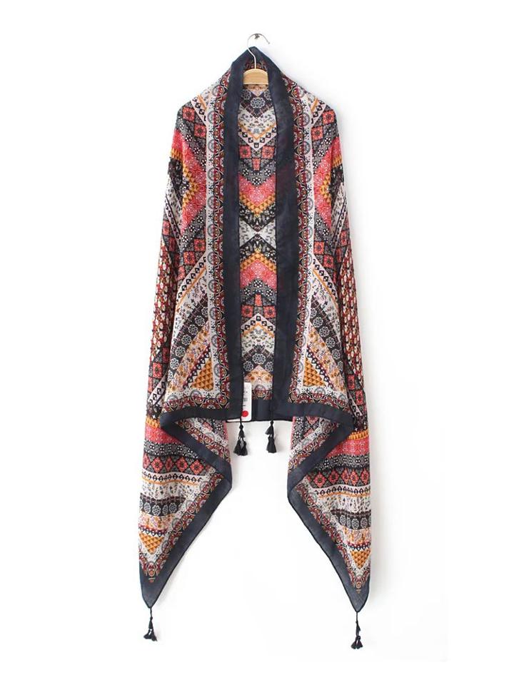 Romwe Navy Edge Tribal Print Tassel Voile Scarf