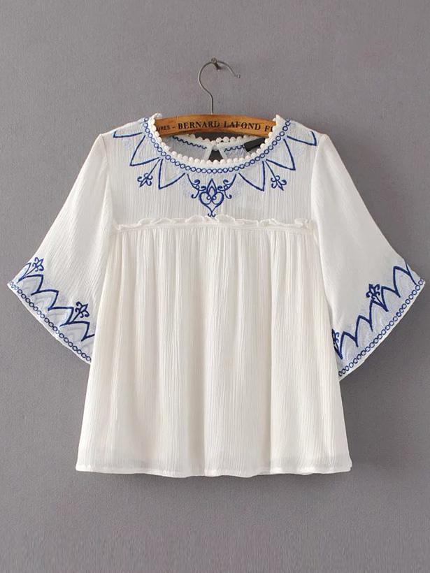 Romwe White Embroidery Ruffle Trim Blouse