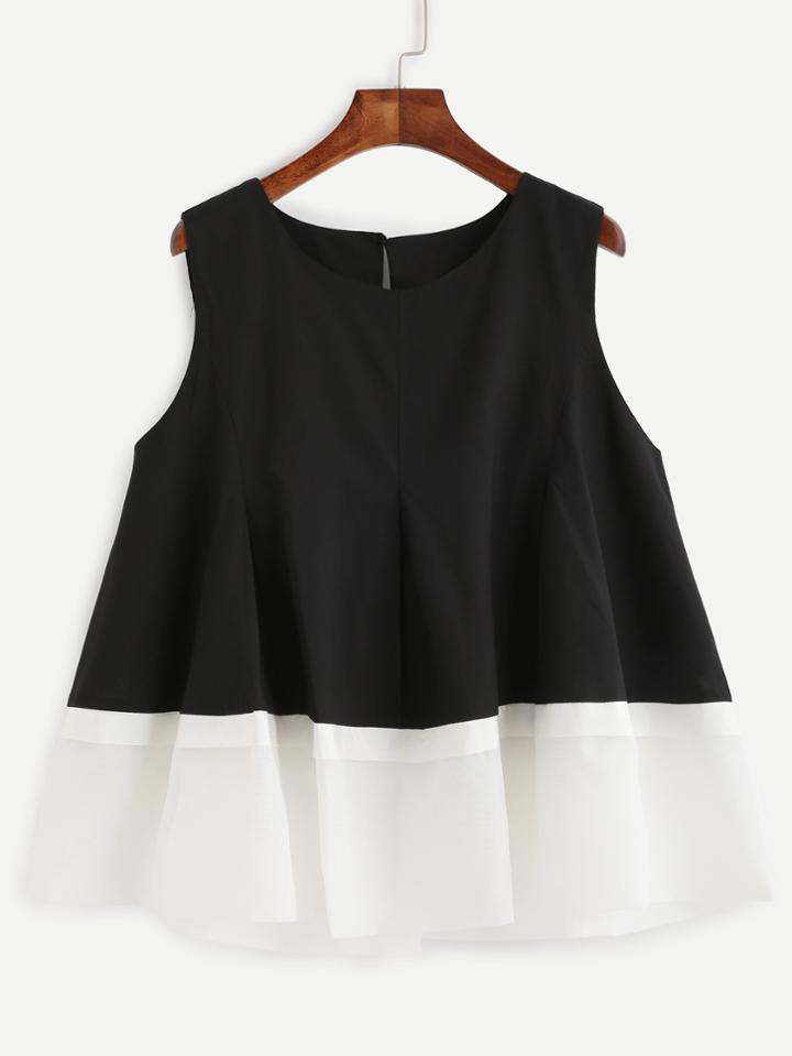 Romwe Black Pleated Contrast Ruffle Sleeveless Top