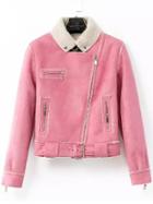 Romwe Lapel Zipper Suede Pink Jacket