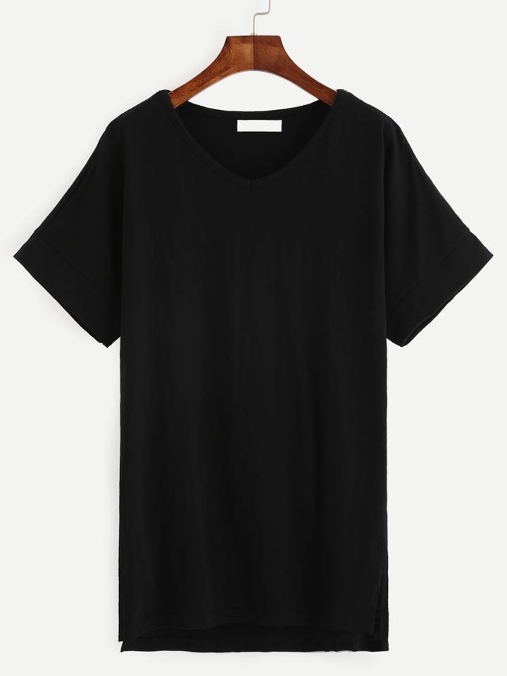 Romwe Black V Neck High Low T-shirt