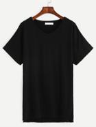 Romwe Black V Neck High Low T-shirt
