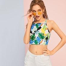 Romwe Tropical & Bird Print Criss Cross Cami Top