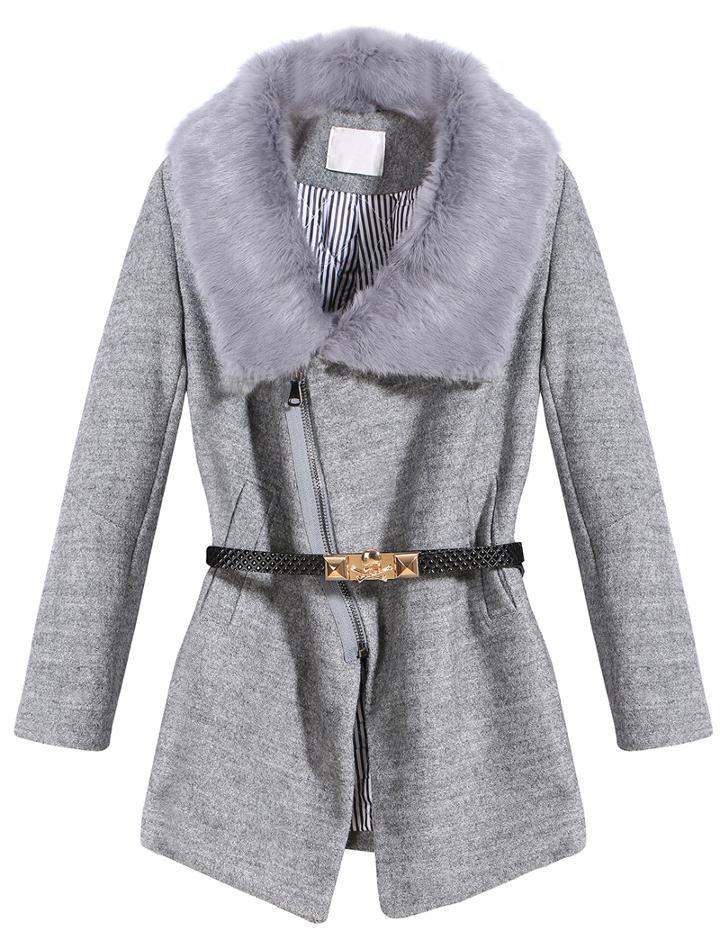 Romwe Faux Fur Lapel Oblique Zipper Coat
