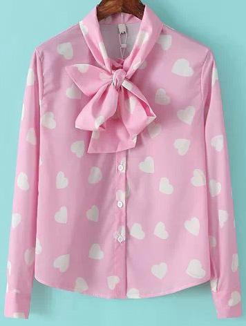 Romwe Pink Tie-neck Long Sleeve Hearts Print Blouse