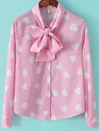 Romwe Pink Tie-neck Long Sleeve Hearts Print Blouse