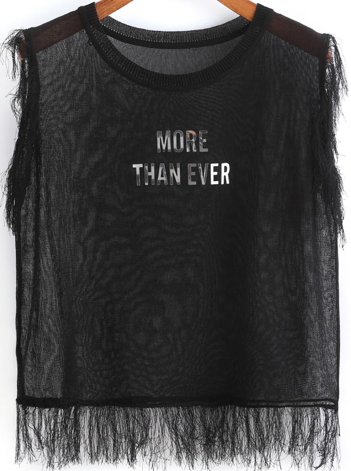 Romwe Black Letters Print Tassel Tank Top