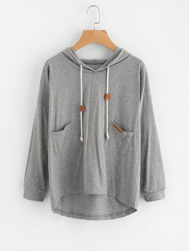 Romwe Patch Detail Dip Hem Drawstring Hoodie