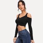 Romwe Cold-shoulder Wrap Crop Tee