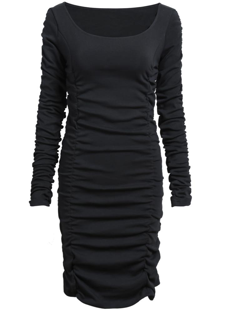 Romwe Black Long Sleeve Pleated Bodycon Dress