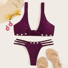 Romwe Shell Detail Knot Top With Cut-out Bikini Set