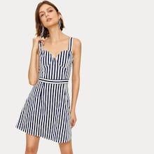 Romwe Striped Shirred Back Cami Dress