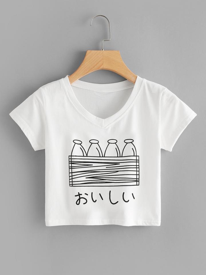 Romwe Graphic Print V-neckline Crop Tee