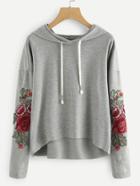 Romwe Drop Shoulder Rose Applique Hoodie