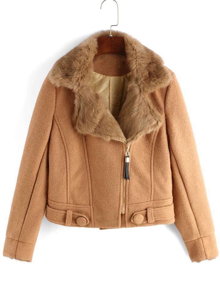 Romwe Faux Fur Lapel Zipper Slim Khaki Coat