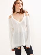 Romwe White Cold Shoulder Waffle Knit High Low Sweater