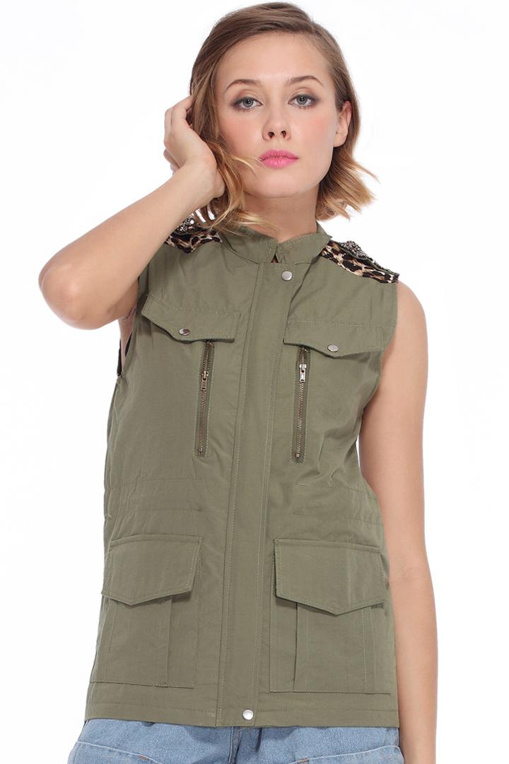 Romwe Paillette Shoulder Straps Army Green Vest