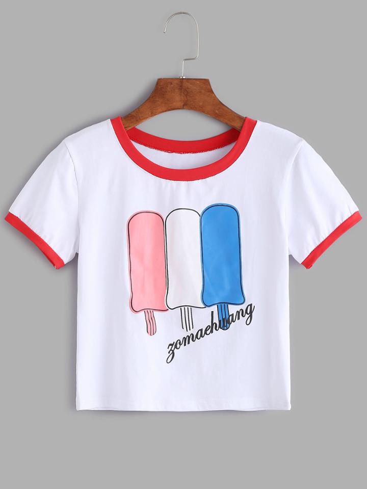 Romwe White Contrast Trim Ice Cream Print Crop T-shirt