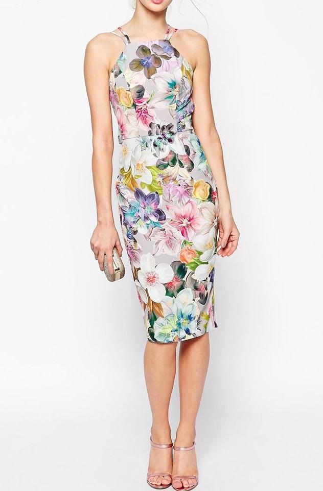 Romwe Halter Back Split Florals Slim Dress