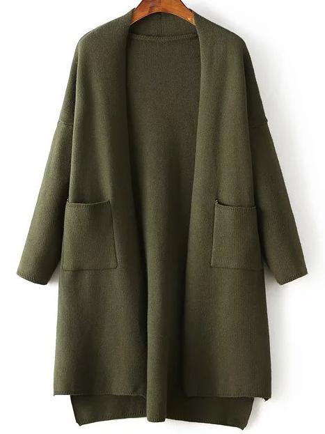 Romwe Army Green Side Slit Dip Hem Cardigan With Pockets